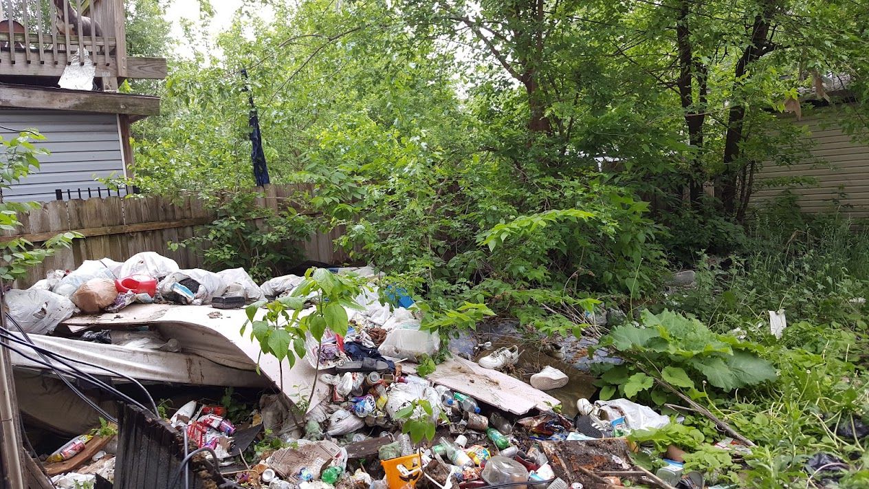 Debris piled in an overgrown vacant lot